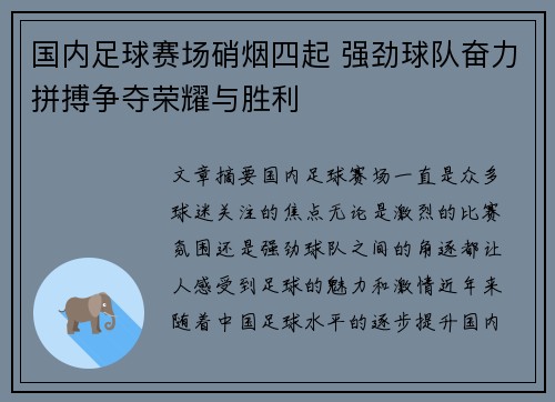 国内足球赛场硝烟四起 强劲球队奋力拼搏争夺荣耀与胜利