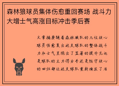 森林狼球员集体伤愈重回赛场 战斗力大增士气高涨目标冲击季后赛