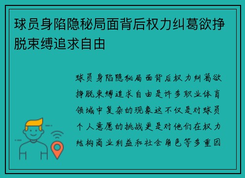 球员身陷隐秘局面背后权力纠葛欲挣脱束缚追求自由