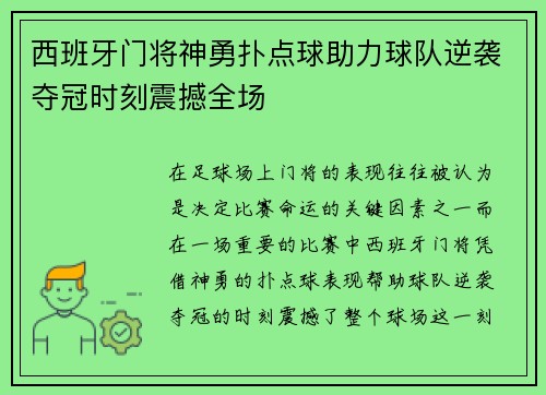 西班牙门将神勇扑点球助力球队逆袭夺冠时刻震撼全场