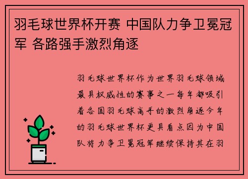 羽毛球世界杯开赛 中国队力争卫冕冠军 各路强手激烈角逐